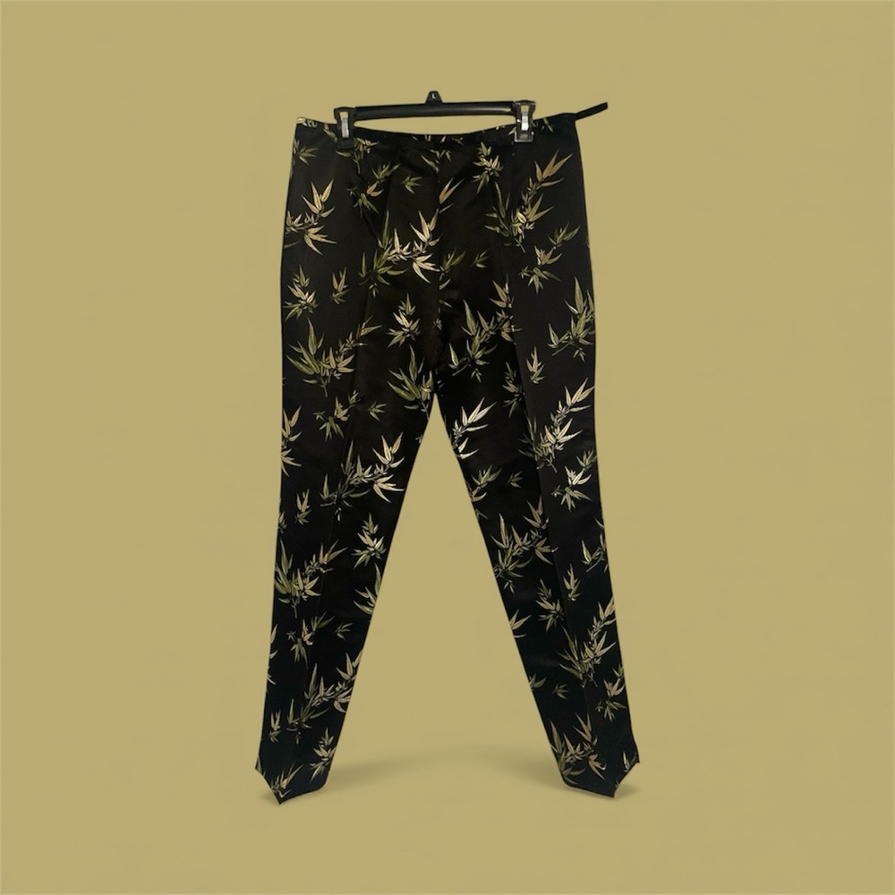 Doncaster Black, Green & Gold Leaf Print Silk Blend Trousers